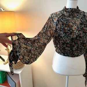 Soft Mesh Top, High Neck, Cut-Out Back, Balloon Sleeves with Wrist Ties